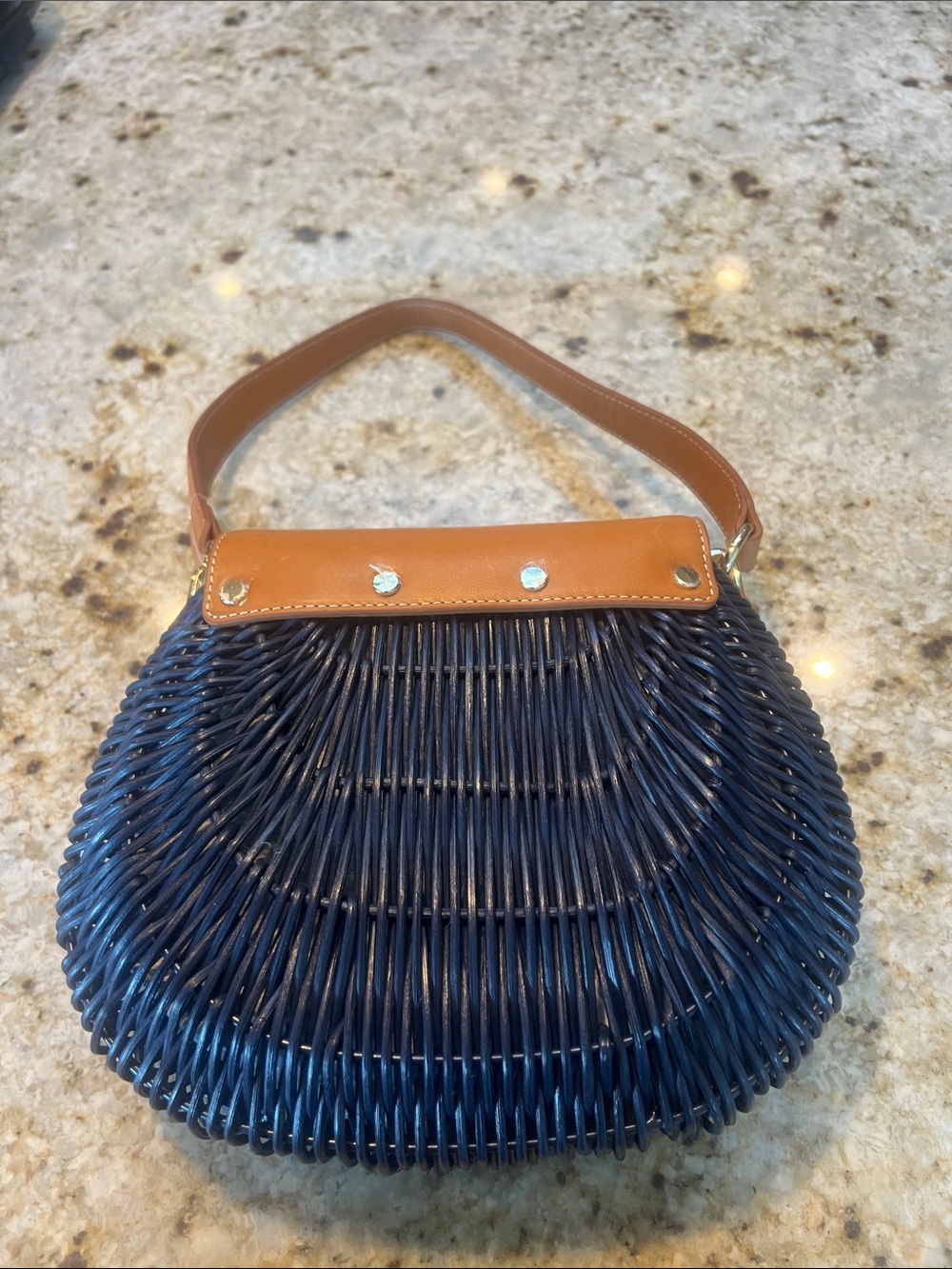 BEAUTIFUL  J. McLaughlin NAVY Wicker Shoulder Bag w brown leather strap - Picture 6 of 11